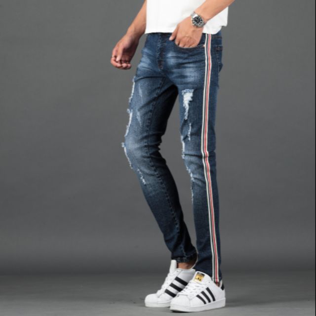 Side Stripe Tattered Jeans For Men Skinny Stretchable Pants Shopee