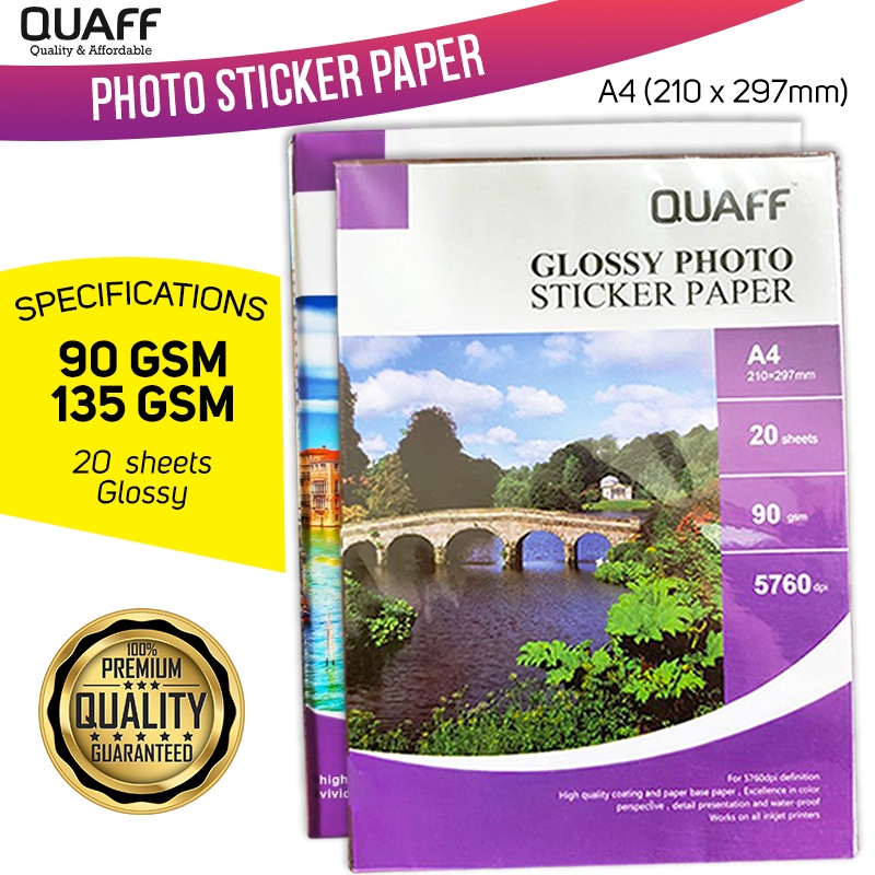 QUAFF Photo Sticker Paper Glossy 135GSM / 90GSM A4 Size (20sheets per