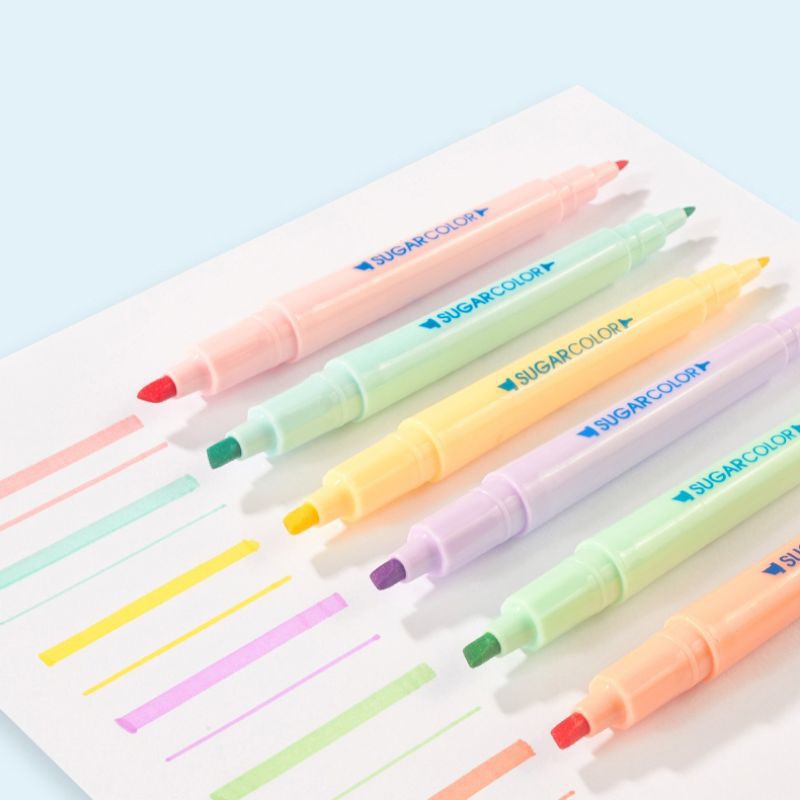 6 Colors Highlighter Pen Cute Dual Tip Pen Candy Color Marker Student