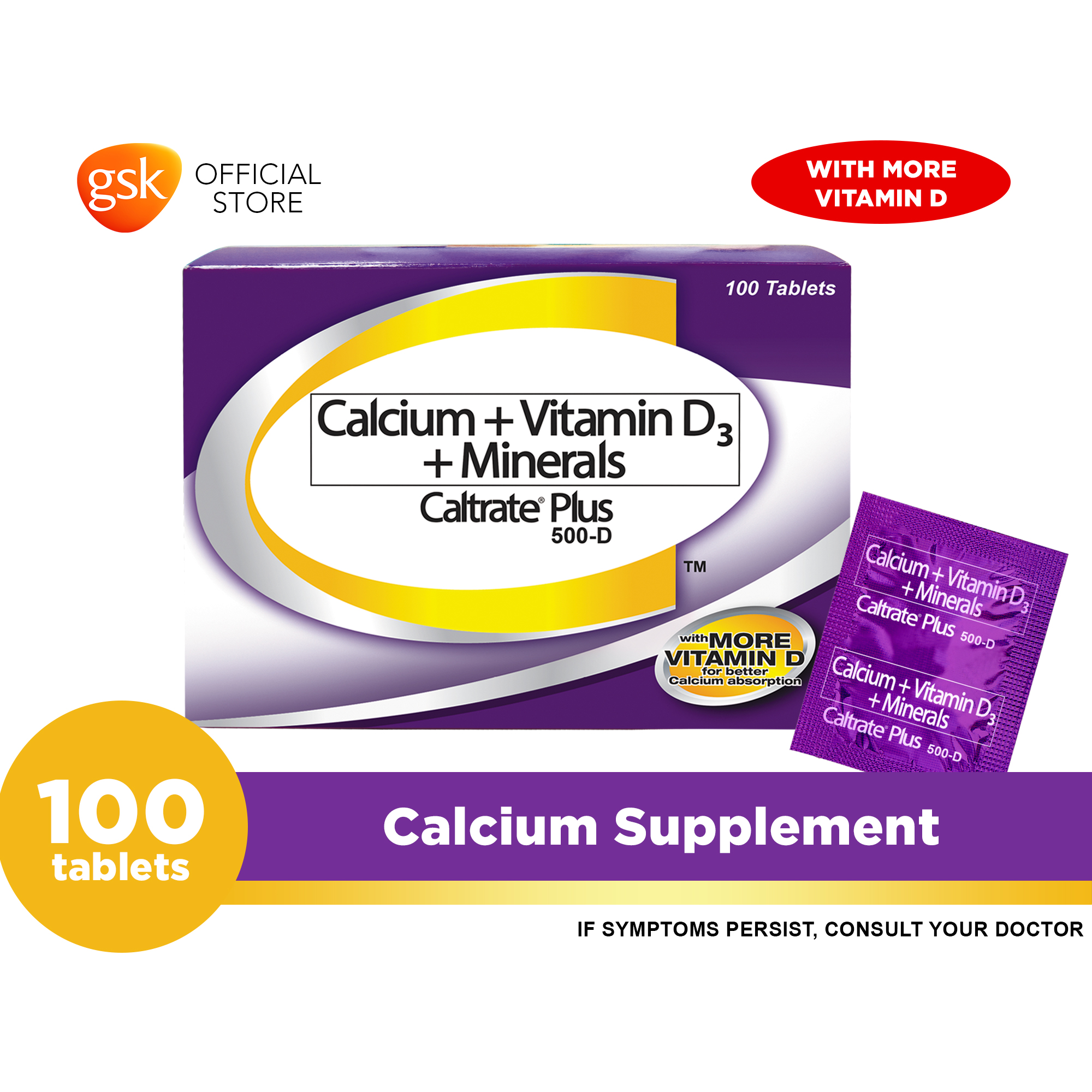 Calcium + Vitamin D3 + Minerals (Caltrate Plus 500D) 100 tablets