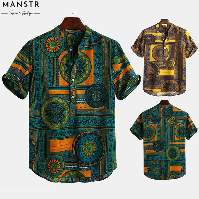 Men Casual Ethnic Printed Stand Collar Short Sleeve Pullover Shirt Men