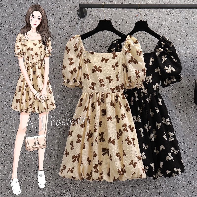 Korean ribbon bubble sleeve cute dress Shopee Philippines