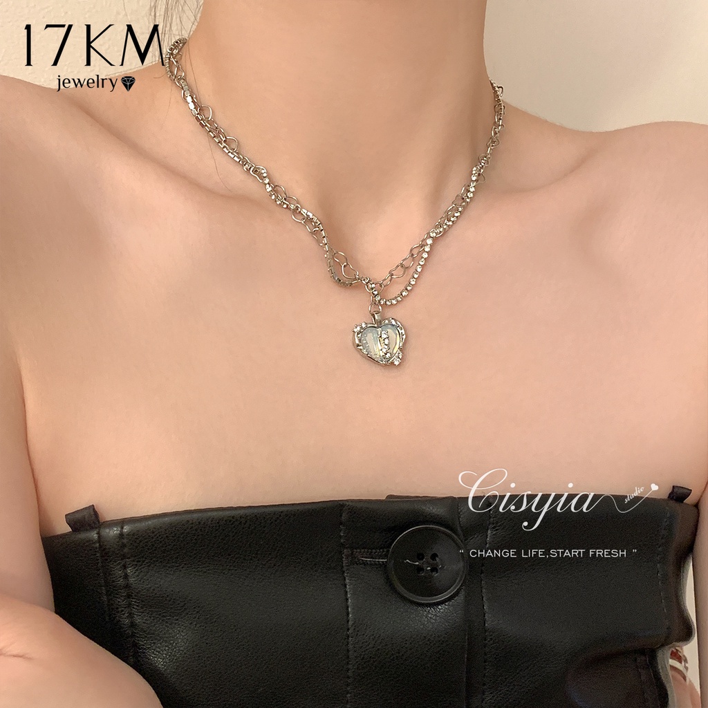 17KM Fashion Pearl Heart Pendant Necklace Crystal Double Silver Chain