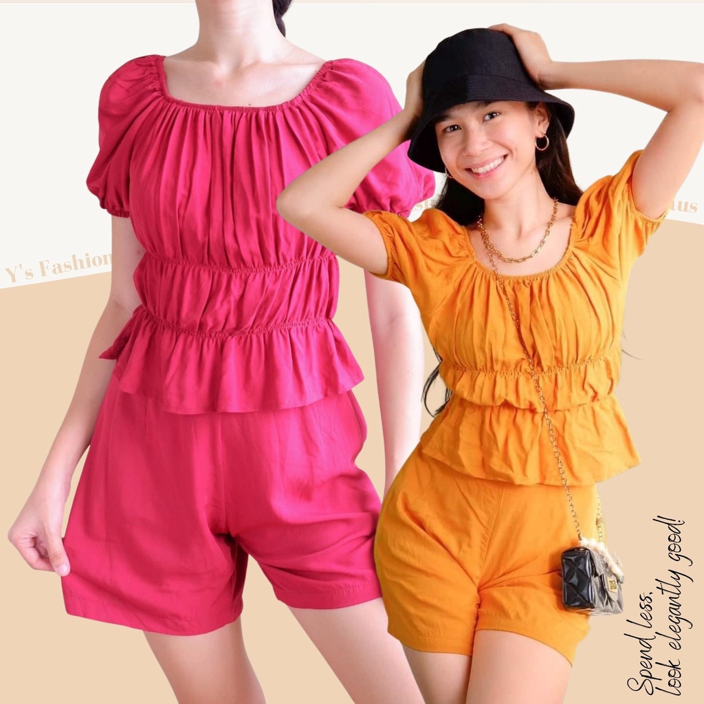 HILTON Linen TwoWay Puff Sleeve Smocked Top and 2 Pockets Shorts Set