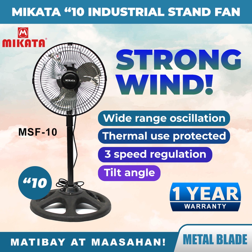 Mikata Industrial Stand Fan 10inches 3 Blade Metal Aluminum Blades MSF