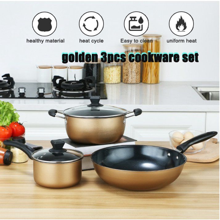 3 Piece Golden Cookware Set Nonstick Cookware Cooking 3 Piece Cookware