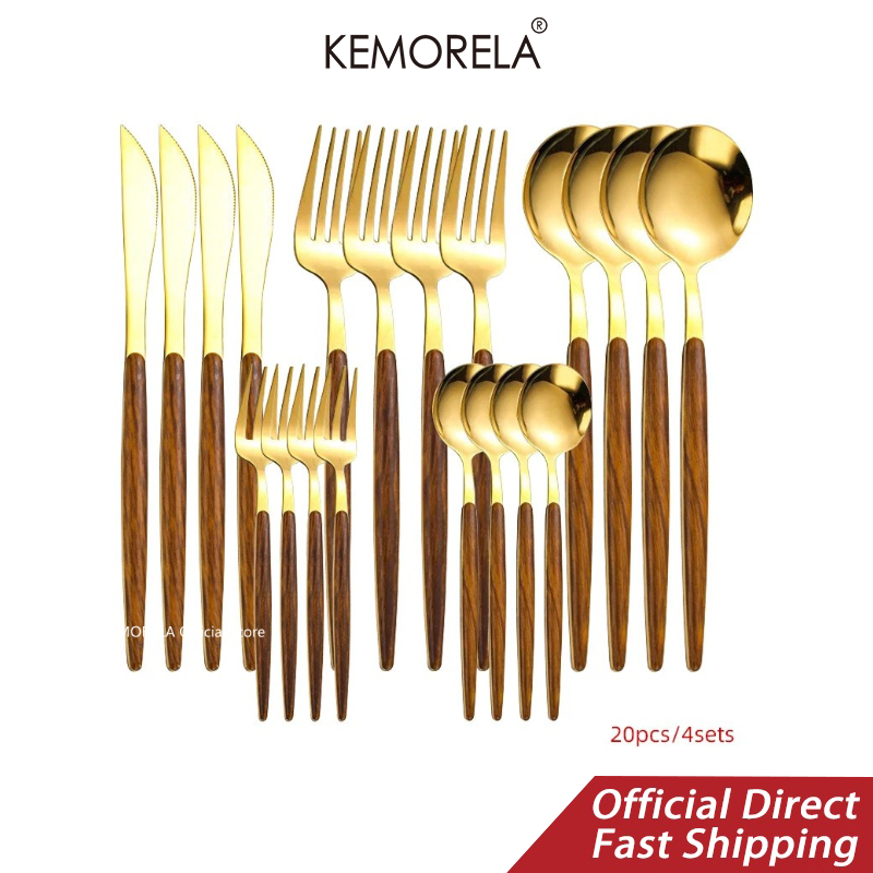 KEMORELA Gold cutlery set 20/30 pcs Stainless steel cutlery Knife Fork