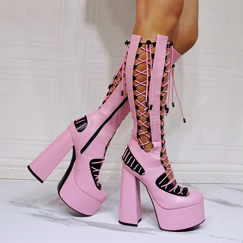 Women's Knee High Platform Boots Round Toe Zip Up Block High Heels