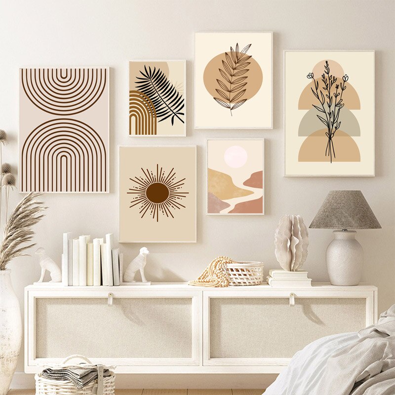 Abstract Landscape Palm Leaf Bbho Posters Sun Girl Cat Line Art Canvas