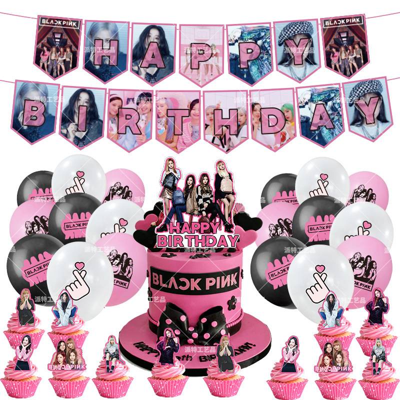 Kpop BLACKPINK Theme Happy Birthday Party Decorations Set Cake Topper