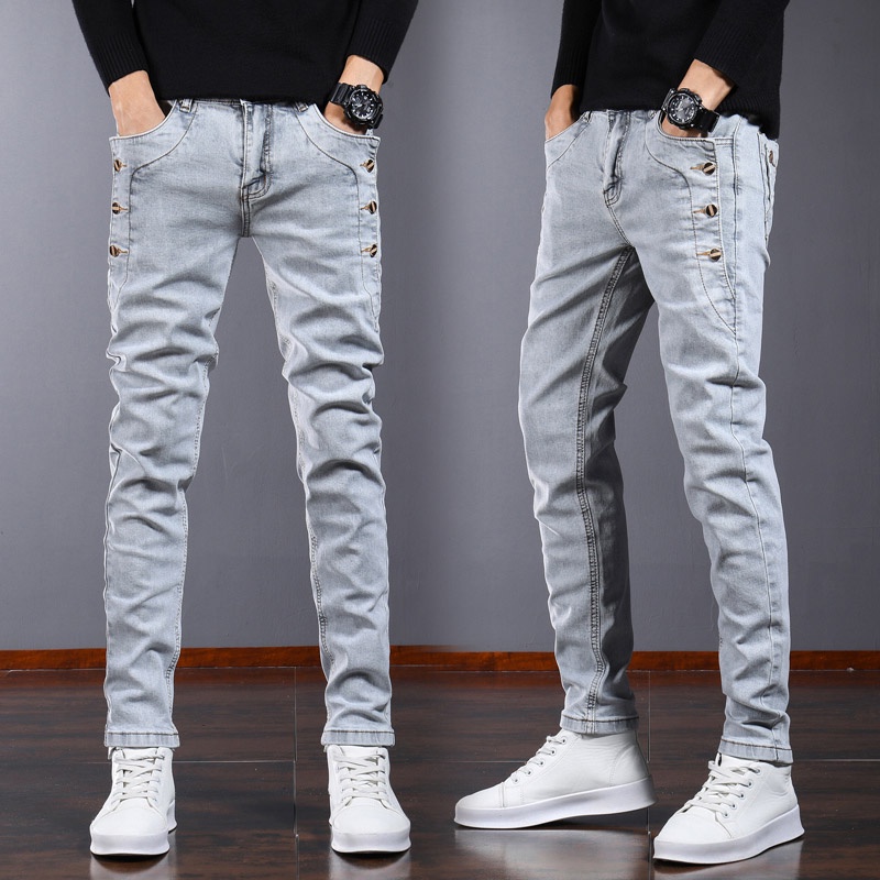 New Arrival Men Fashion Grey Jeans Stretch Denim Long Seluar with Side