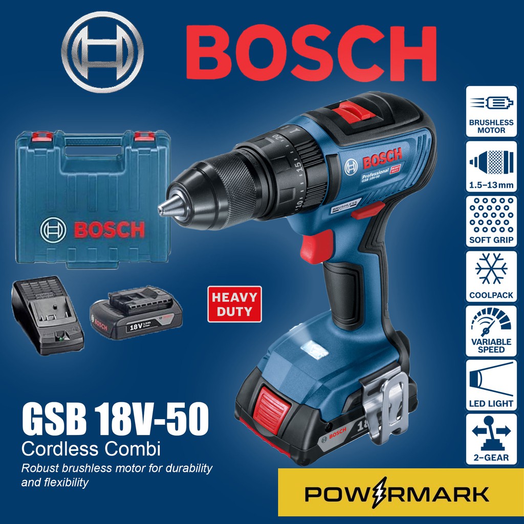 BOSCH GSB 18V50 Cordless Impact Drill COMBI SET (BRUSHLESS MOTOR) [POWERMARK BCT] Shopee