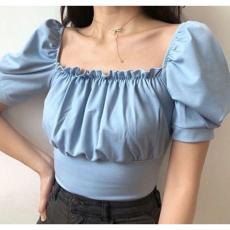 AWESOME KOREAN FASHION Puff Sleeve Offshoulder 2way CROP TOP BLOUSE