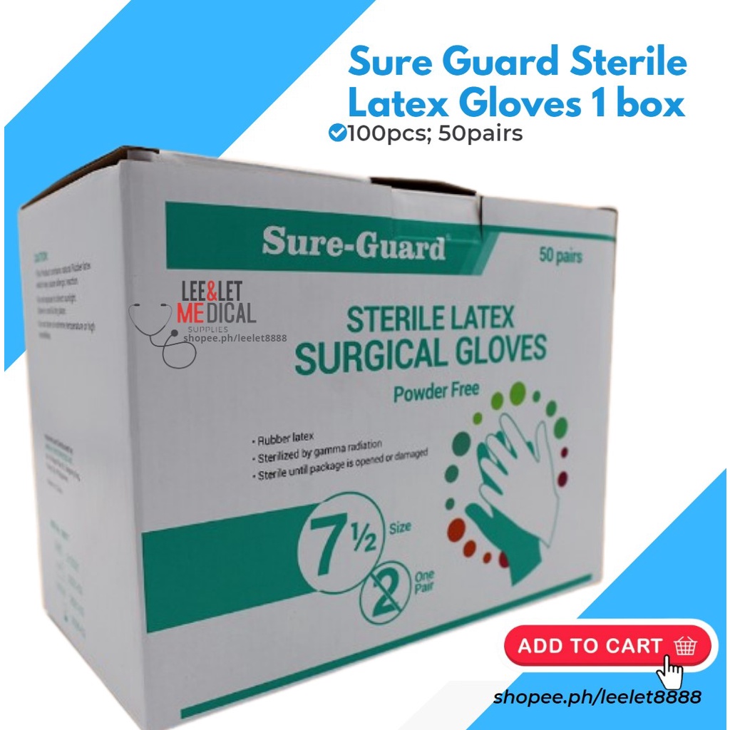 Sure Guard Sterile Latex Gloves 1 box (100pcs; 50pairs) Shopee