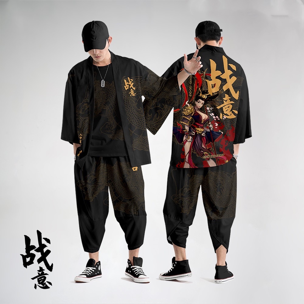 Japanese Style Vintage Kimono Haori Pants Set Men Traditional Harajuku