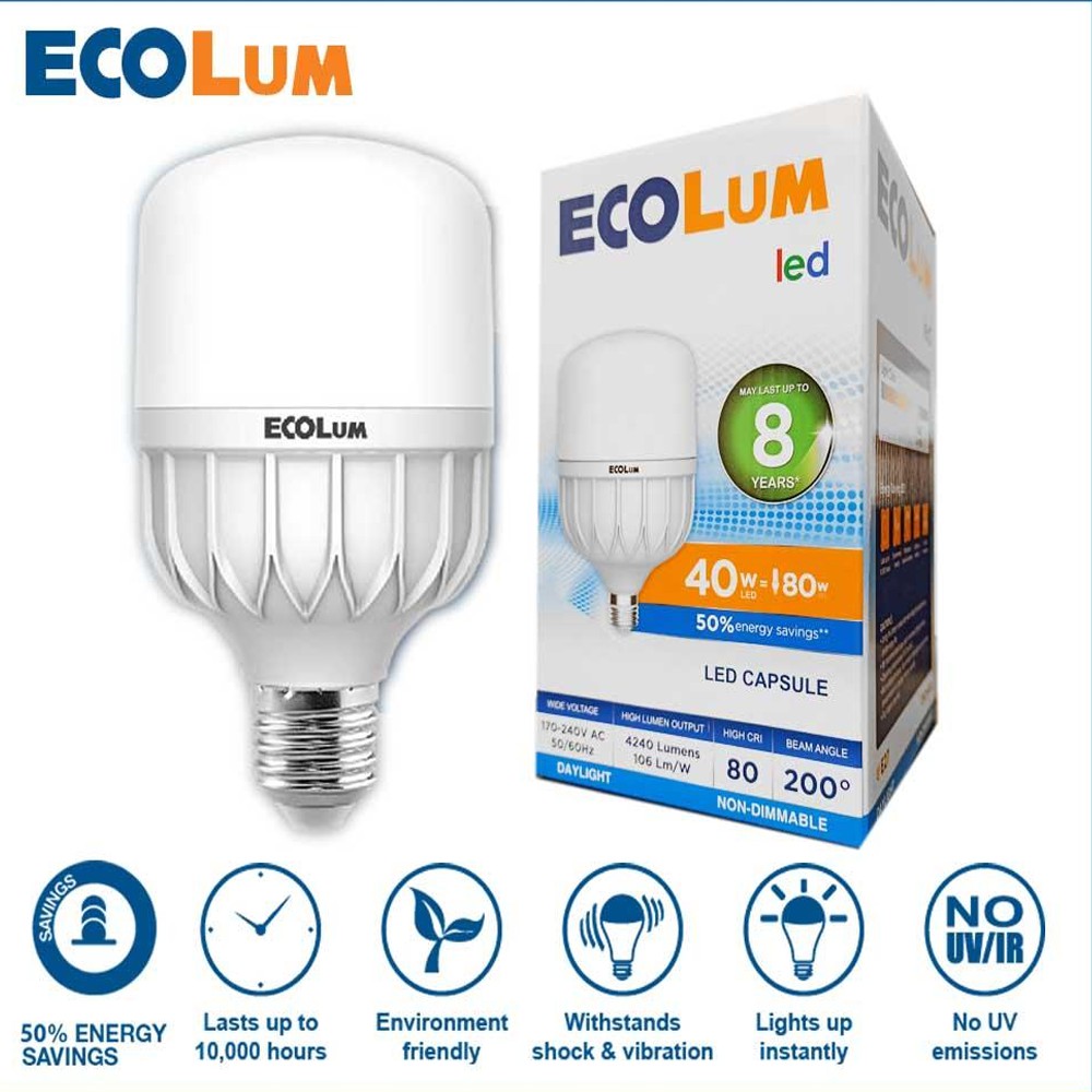 ECOLUM 40W LED Capsule Bulb 6500K Daylight E27 CHC2040DL Shopee