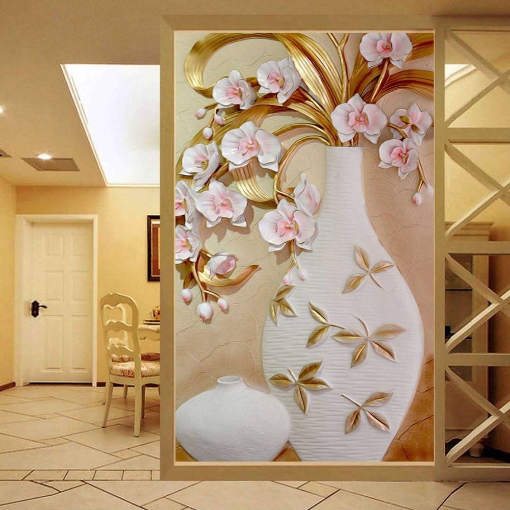 Custom Mural Wall Paper 3D Embossed Flower Vase Entrance Corridor Photo