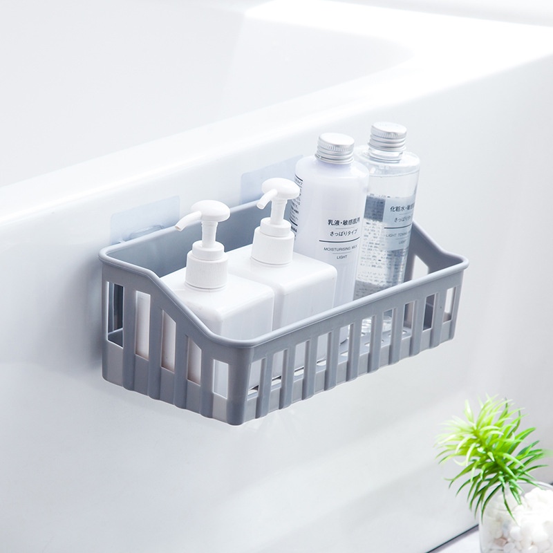 Bathroom Plastic Storage Rack Self Adhesive Seamless Kitchen Wall Hanging Storage Organizer