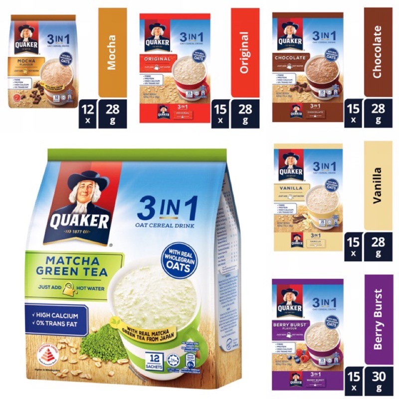 Quaker 3 IN 1 Oat Cereal Drink (Vanilla, Berry burst, Matcha Green Tea