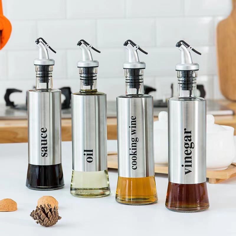 300ml Bottle Clear Glass Sauce Oil Dispenser Stainless Steel Jar Olive