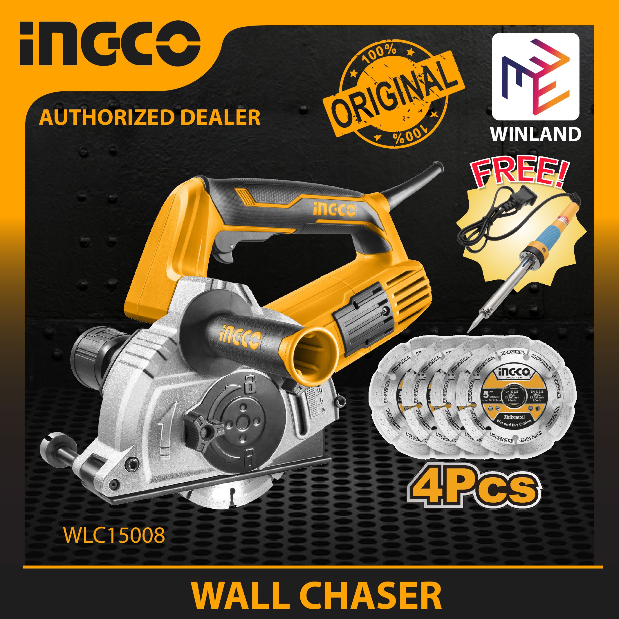 Ingco Original Concrete Wall Chaser Saw Ø125mm 1500W with FREE
