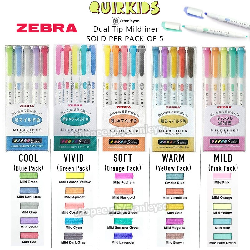 Zebra Mildliner Highlighters 5 Colors Set Dual Tip Double Head Shopee