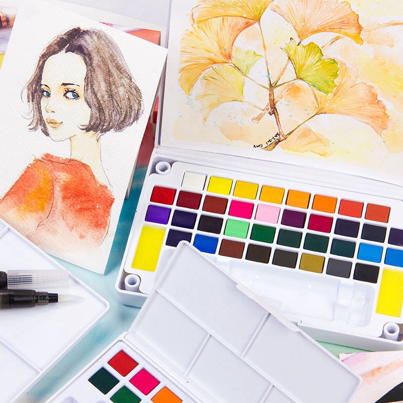 Solid Watercolor Painting Set Box with Water Brush Bright