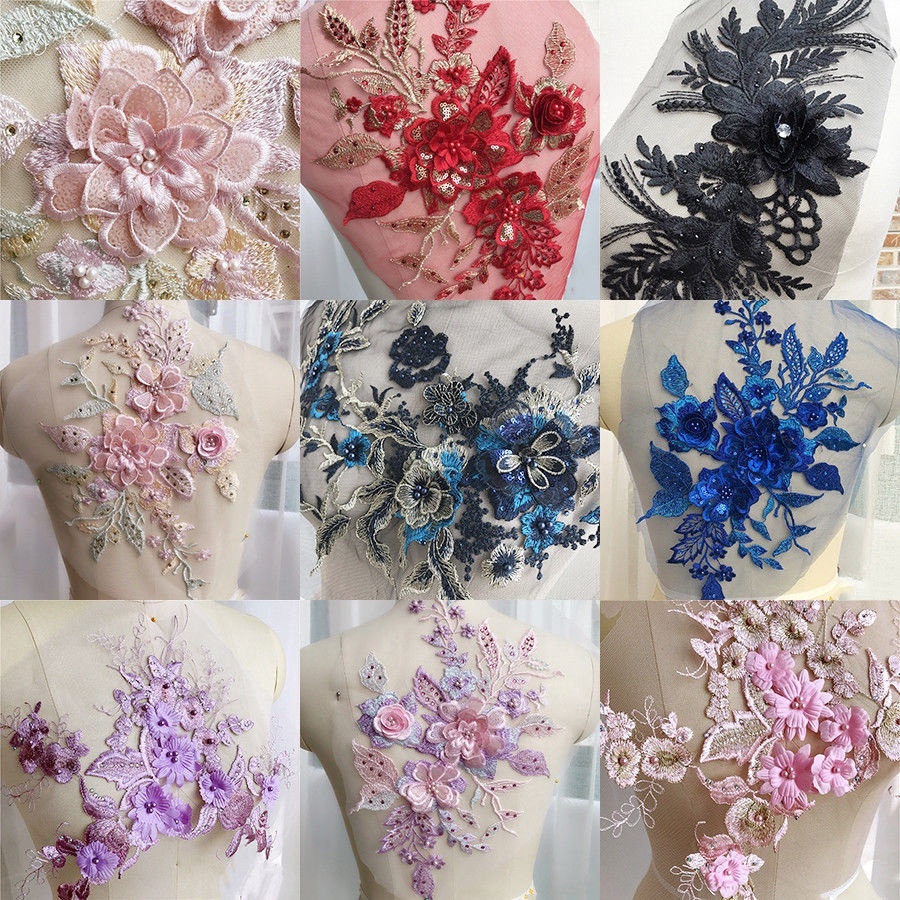DIY Wedding Dress 3D Embroidery Flower Lace Bridal Applique Pearl