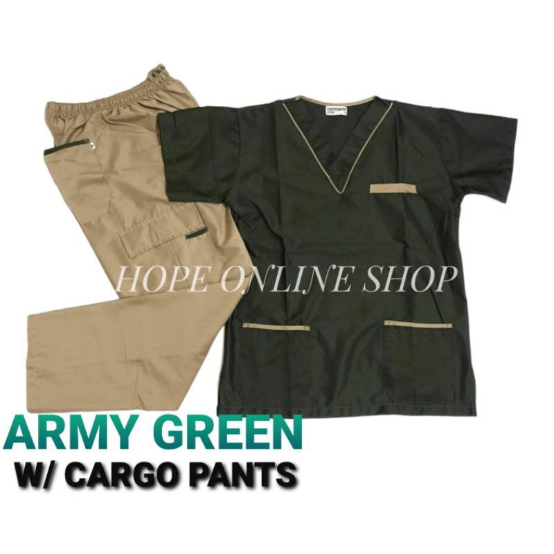 scrub suit set ARMY GREEN w/khaki cargo pants (unisex) Shopee Philippines