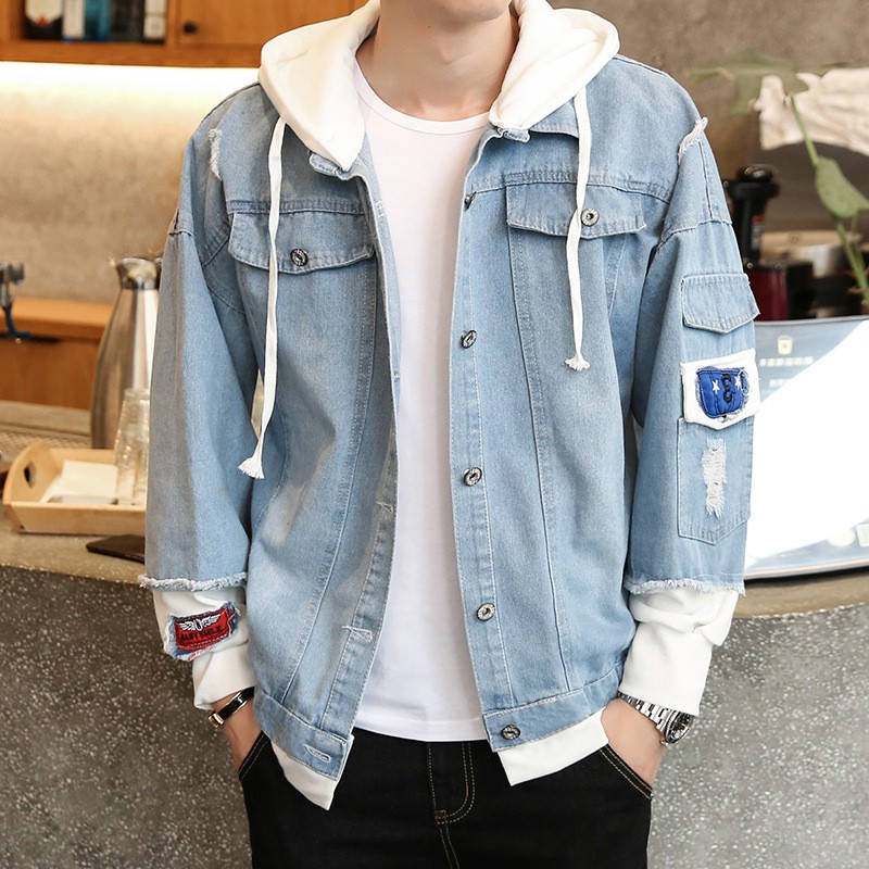 Men Denim hoodie Jacket Patchwork Loose Hooded Denim Jacket For Men
