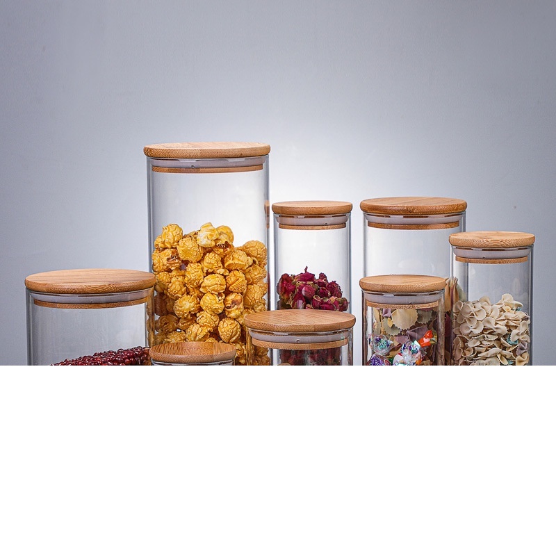 Glass Jar Bamboo Lid Candy Jar Glass Canister Food Storage Transparent