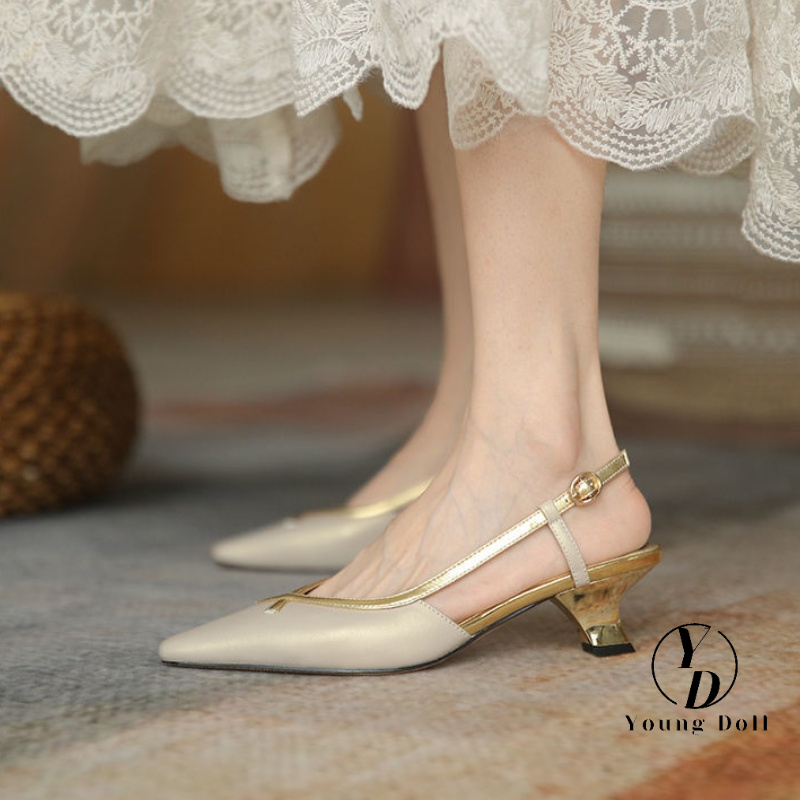 2022 closed toe slingback shoes French sandals Women's medium heel cat