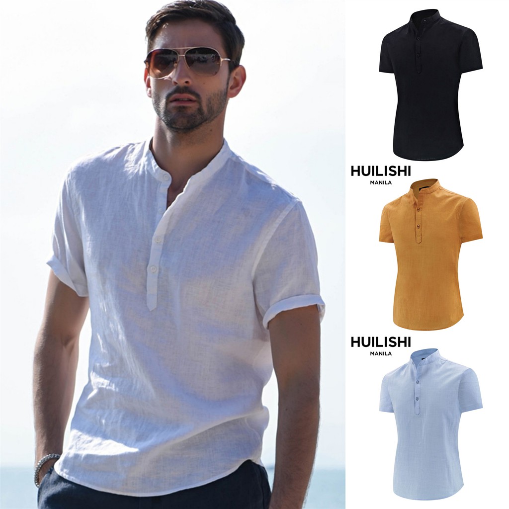 HUILISHI Chinese collar men's shortsleeved cotton shirt polo shirt
