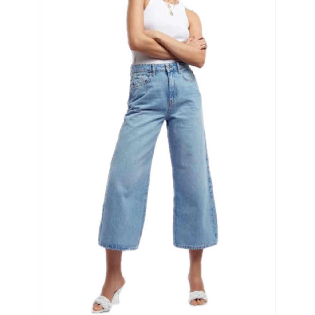 Ladies High waist cropped wide leg denim square pants not stretchable S
