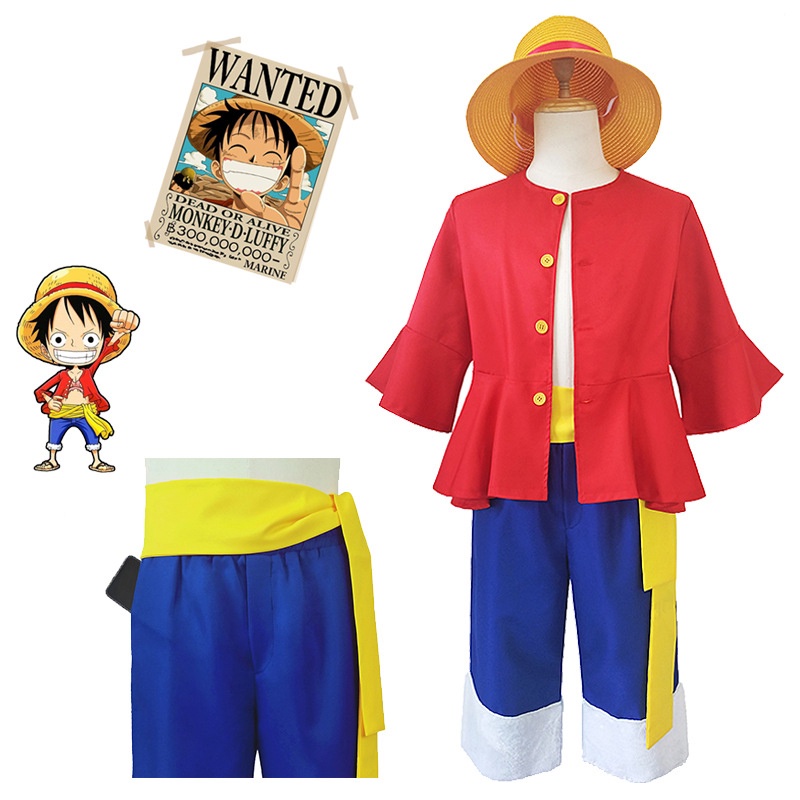 Anime One Piece Monkey D. Luffy Cosplay Costume Top Shorts Straw Hat