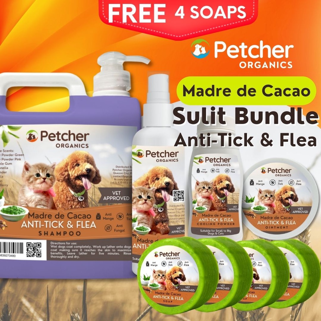 Petcher Organics Madre De Cacao Anti Tick And Flea Shampoo Pet Bundle