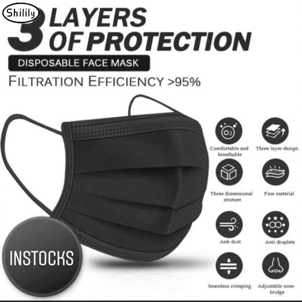 Shilily 50pcs ply Disposable Surgical Face Mask ( Blue / Black