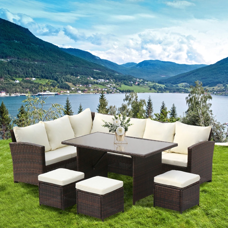 9seat rattan furniture Outdoor sofa dining table with free rain cloth