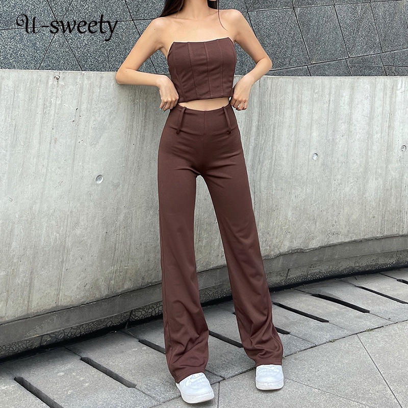 USweety Women Clothing Set Fashion Solid Color Sexy OffShoulder Tube Top + High Waist Straight