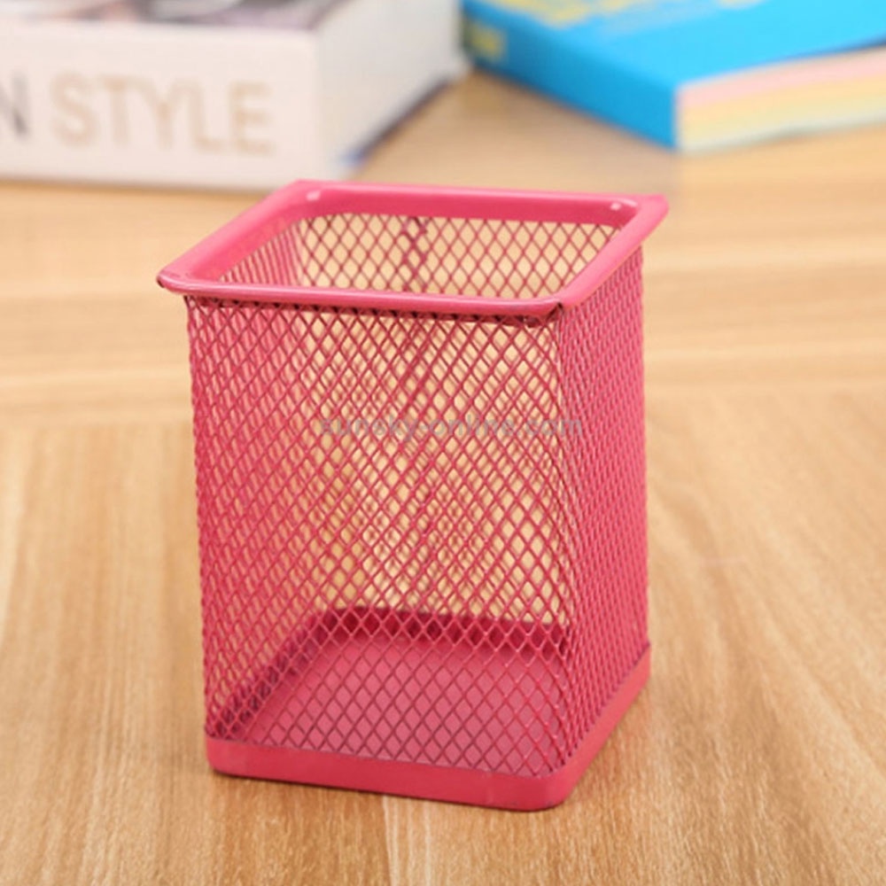 Square Pen Container Holder Mesh Style Metal Pencil Holder Pink