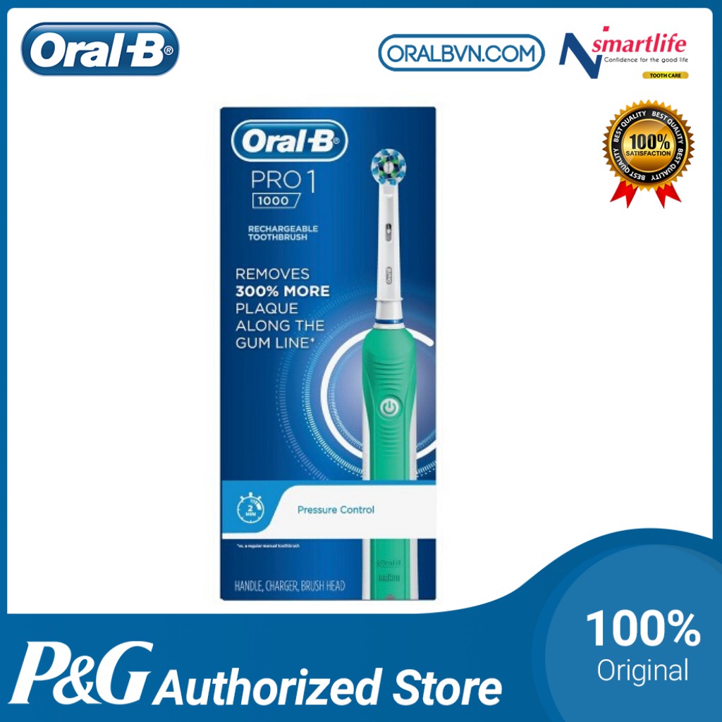 Oral B Pro 1000 automatic electric toothbrush in blue cleans teeth
