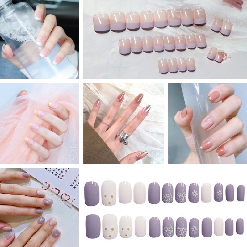 【Free Glue】24/Pcs DIY Fake Nails French Finger Nail Art False Nail COD