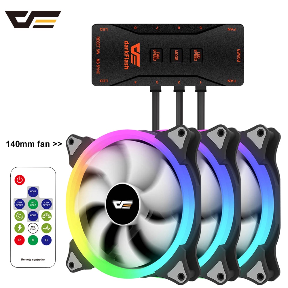 darkFlash Computer PC Case Fan 140mm RGB LED Speed Adjust 3pin 5V 4pin
