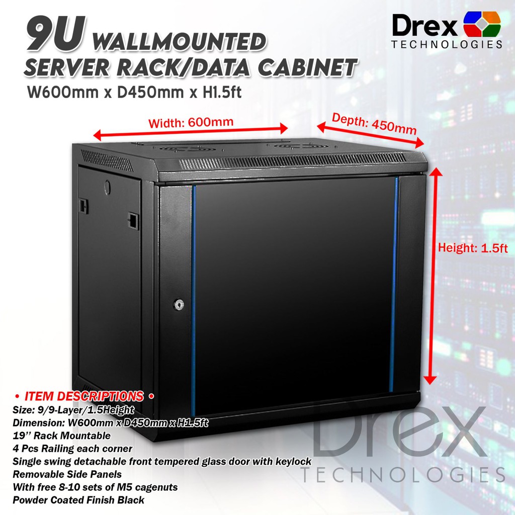 9U 9Layer Wallmounted Data / Server Rack W=600 x D=450mm x H=1