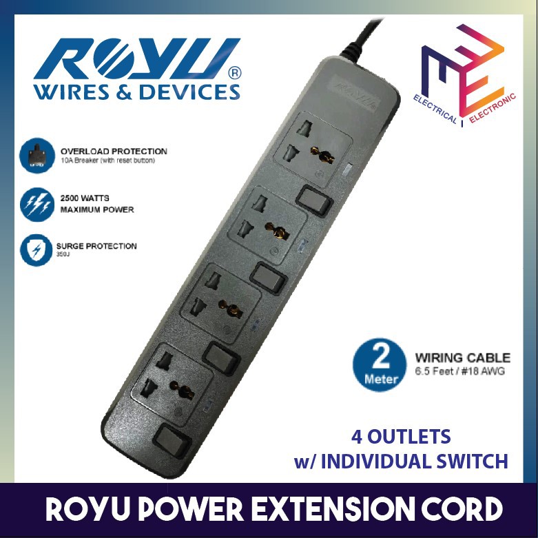Royu Extension Cord Overload & Surge Protected 4 Outlets w/ Individual