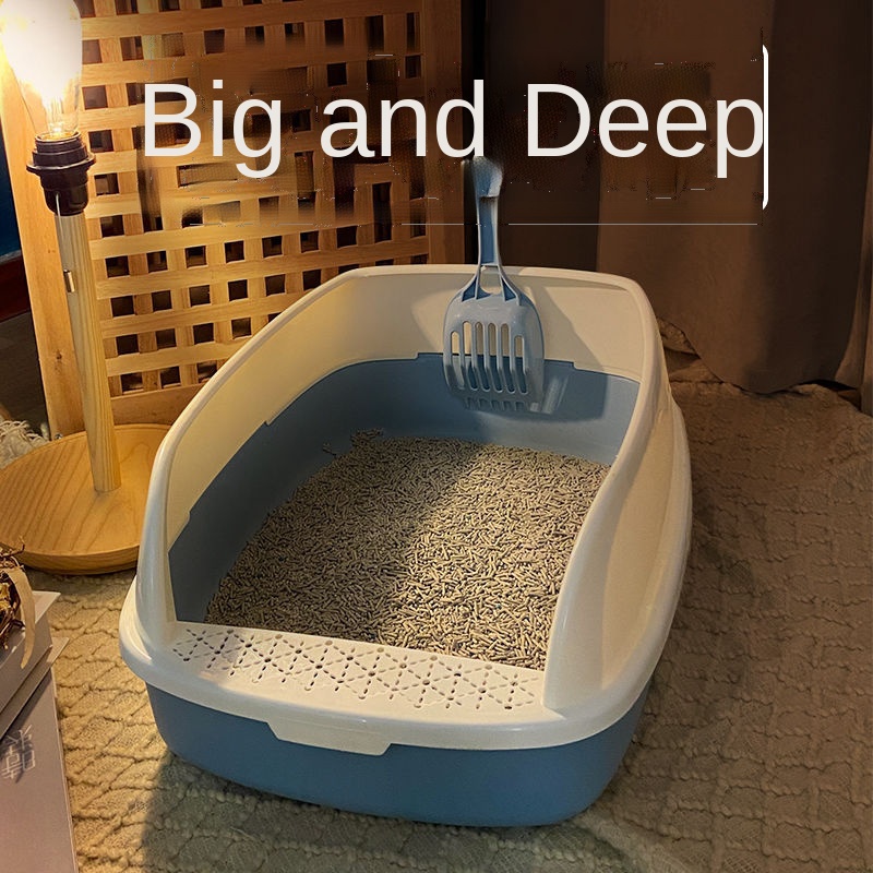 Litter Box Cat Toilet Oversized SplashProof with Sand Open Cat Poop