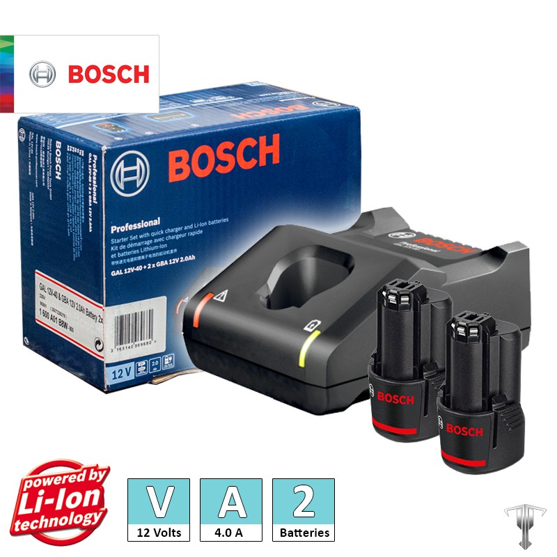 Bosch GAL 12V40 12 V Lithium Ion Charger + GBA 12 V 2.0 Ah Lithium Ion