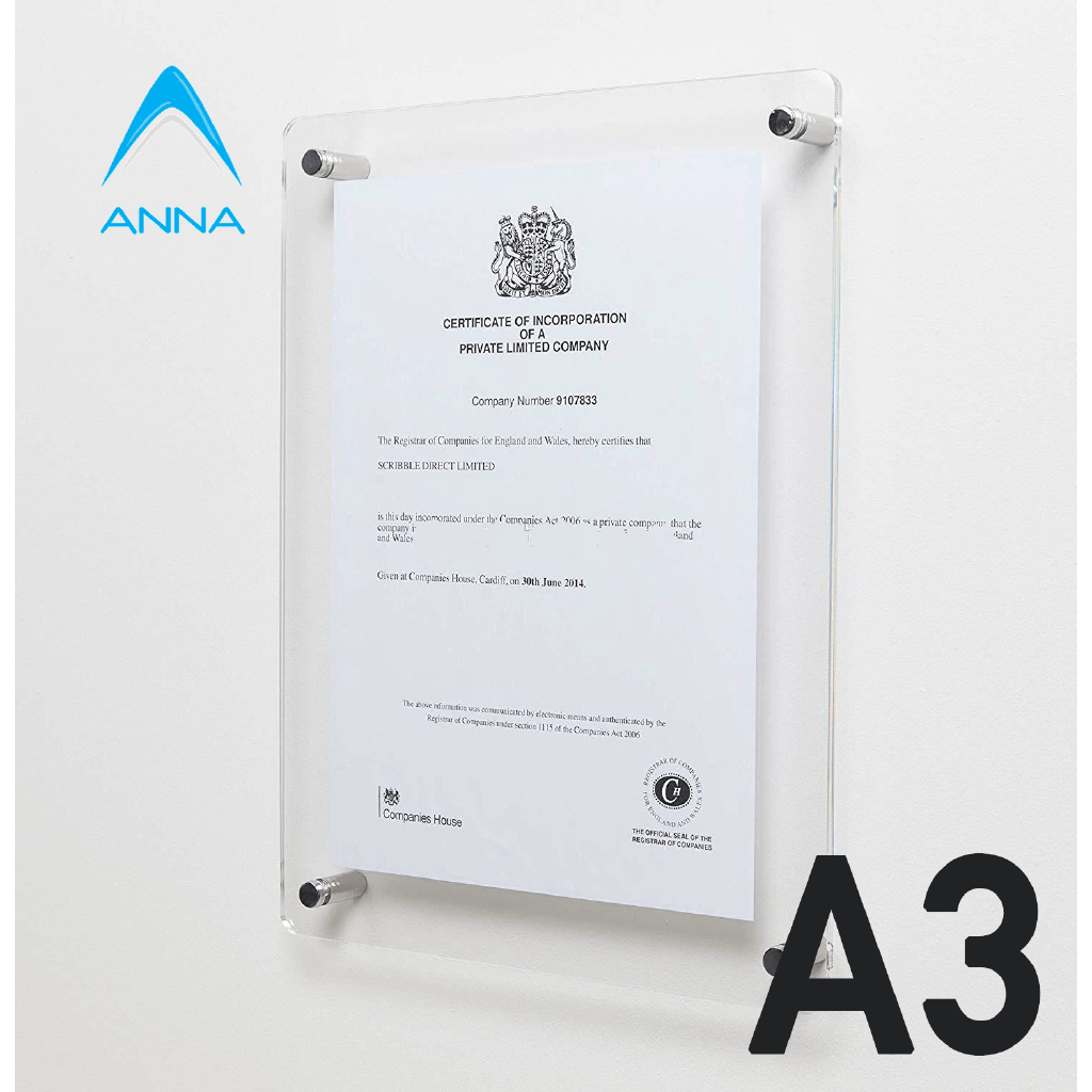 A3 Wall Mounted Clear Acrylic Paperweight Poster/Photo/Certificate