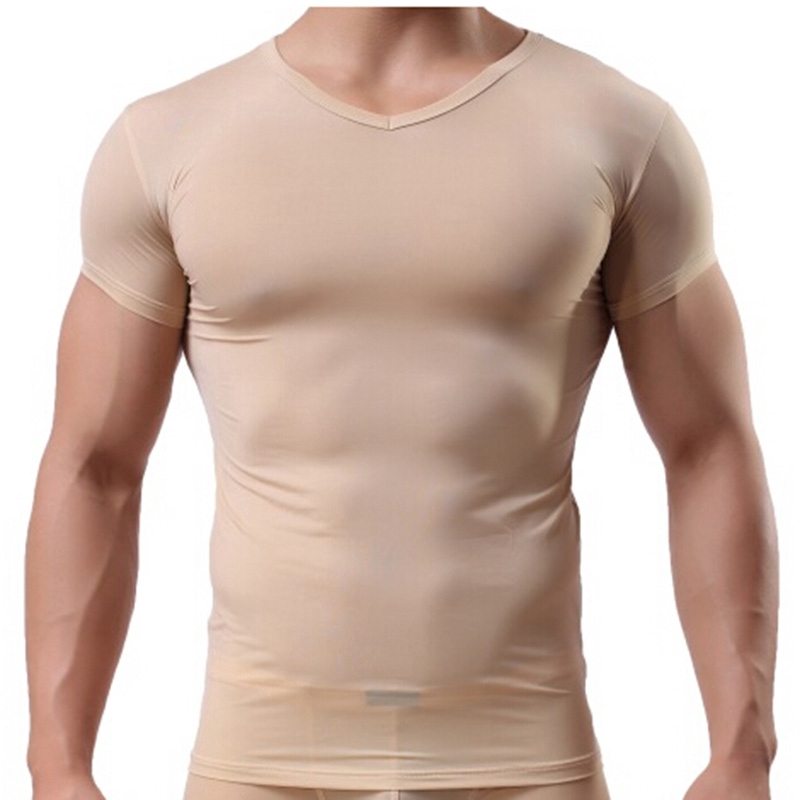 Men's Undershirt Ice Silk Sheer Short Sleeves Basic Shirts Seamless