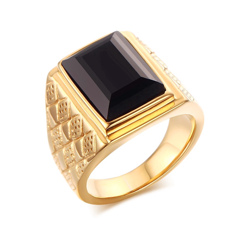 Big Square Black Stone Men Ring Gold Color Classic Wedding Band
